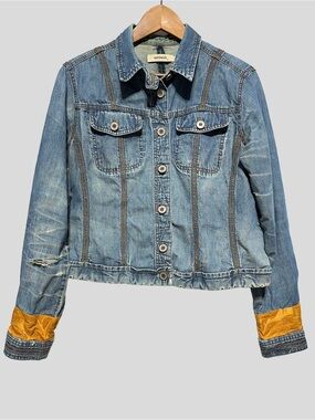 SANDWICH Cropped Denim Jacket Tapestry Cuffs Distressed Boho Western